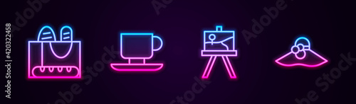 Set line French baguette bread, Coffee cup, Easel or painting art boards and Elegant women hat. Glowing neon icon. Vector