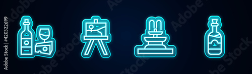 Set line Wine bottle with cheese, Easel or painting art boards, Fountain and Bottles of wine. Glowing neon icon. Vector