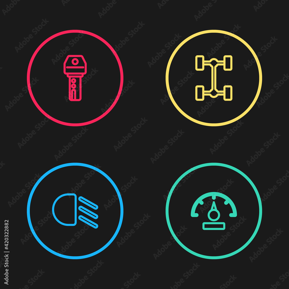 Set line High beam, Speedometer, Chassis car and Car key with remote icon. Vector Set line High beam, Speedometer, Chassis car and Car key with remote icon. Vector