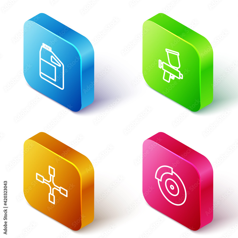 Set Isometric line Canister for motor oil, Paint spray gun, Wheel wrench and Car brake disk with caliper icon. Vector Set Isometric line Canister for motor oil, Paint spray gun, Wheel wrench and Car brake disk with caliper icon. Vector