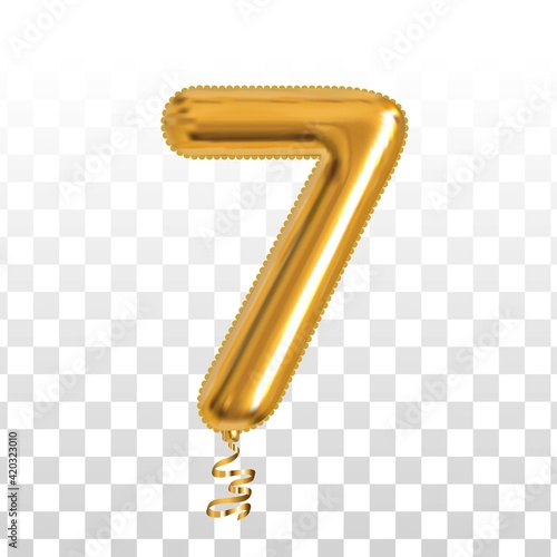 Vector realistic isolated golden balloon number of 7 for invitation decoration on the transparent background.