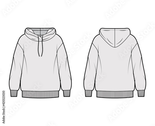 Hoody sweatshirt technical fashion illustration with long sleeves, oversized body, knit rib cuff, banded hem. Flat large apparel template front, back, grey color style. Women, men, unisex CAD mockup