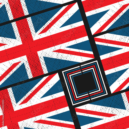 A seamless pattern with diagonally placed textured British flags against a dark background