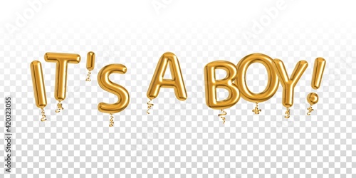 Vector realistic isolated golden balloons text of It's A Boy for invitation on the transparent background. Concept of newborn baby celebration and predictions.