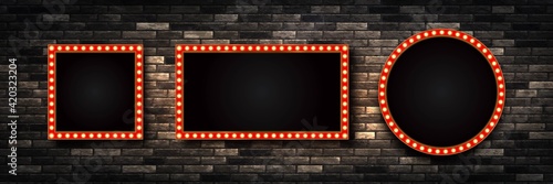 Vector set of realistic isolated retro marquee billboard with electric light lamps for invitation on the wall background. Concept of vintage decoration.