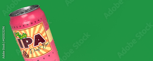 Tableau sur toile An IPA draft beer can in panoramic format with green background and negative space in the right side