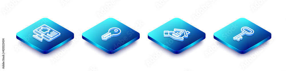 Set Isometric line Online real estate house, House key, Realtor and icon. Vector Set Isometric line Online real estate house, House key, Realtor and icon. Vector