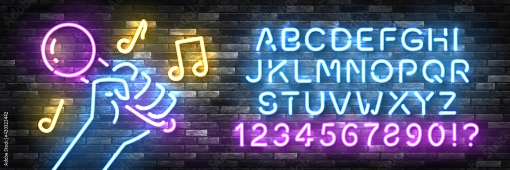 Vector realistic isolated neon sign of Karaoke with easy to change color font alphabet for template decoration and invitation covering on the wall background. Concept of karaoke, night club and music.