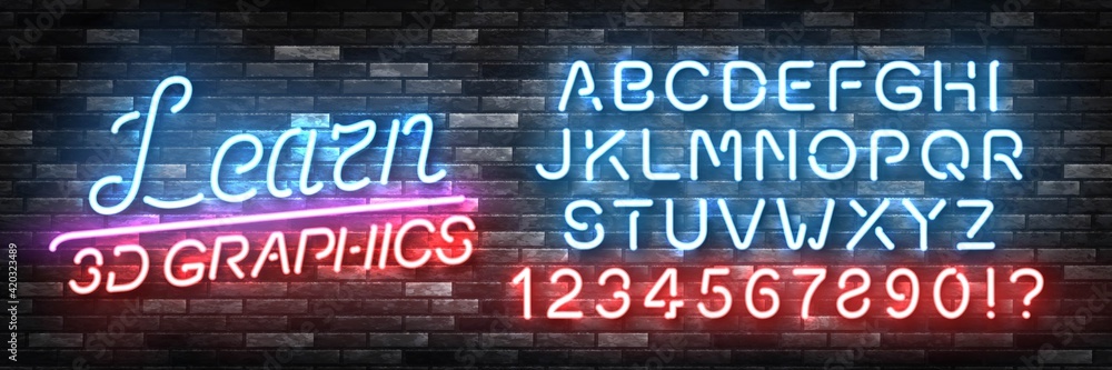 Vector realistic isolated neon sign of Learn 3D graphics logo with easy to change color font alphabet for decoration and covering on the wall background. Vector realistic isolated neon sign of Learn 3D graphics logo with easy to change color font alphabet for decoration and covering on the wall background.