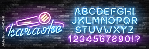 Vector realistic isolated neon sign of Karaoke with easy to change color font alphabet for template decoration and invitation covering on the wall background. Concept of karaoke, night club and music.