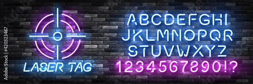 Vector realistic isolated neon sign of Laser Tag logo with easy to change color font alphabet for decoration and covering on the wall background.