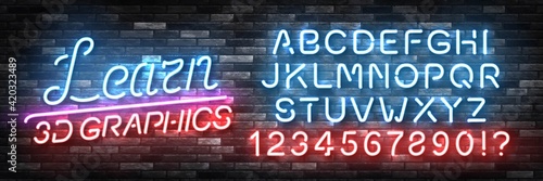 Vector realistic isolated neon sign of Learn 3D graphics logo with easy to change color font alphabet for decoration and covering on the wall background.