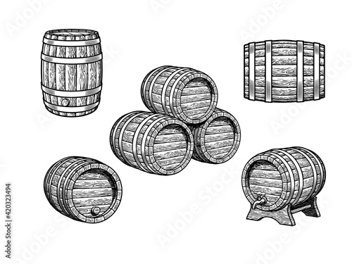 Vintage set of old wooden barrels for beer, wine, whisky, rum in different positions. Three stacked casks, barrel with tap on the stand. Vector illustration.