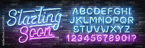 Vector realistic isolated neon sign of Starting Soon with easy to change color font alphabet logo for template decoration and covering on the wall background.