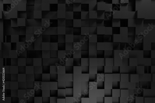Realistic black solid cubes with a shadow of the same size, located in space at different levels. Abstract background of 3d cubes. Background of dark cubes. 3d rendering.3d panel.