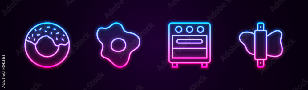 Set line Donut, Scrambled eggs, Oven and Rolling pin dough. Glowing neon icon. Vector Set line Donut, Scrambled eggs, Oven and Rolling pin dough. Glowing neon icon. Vector