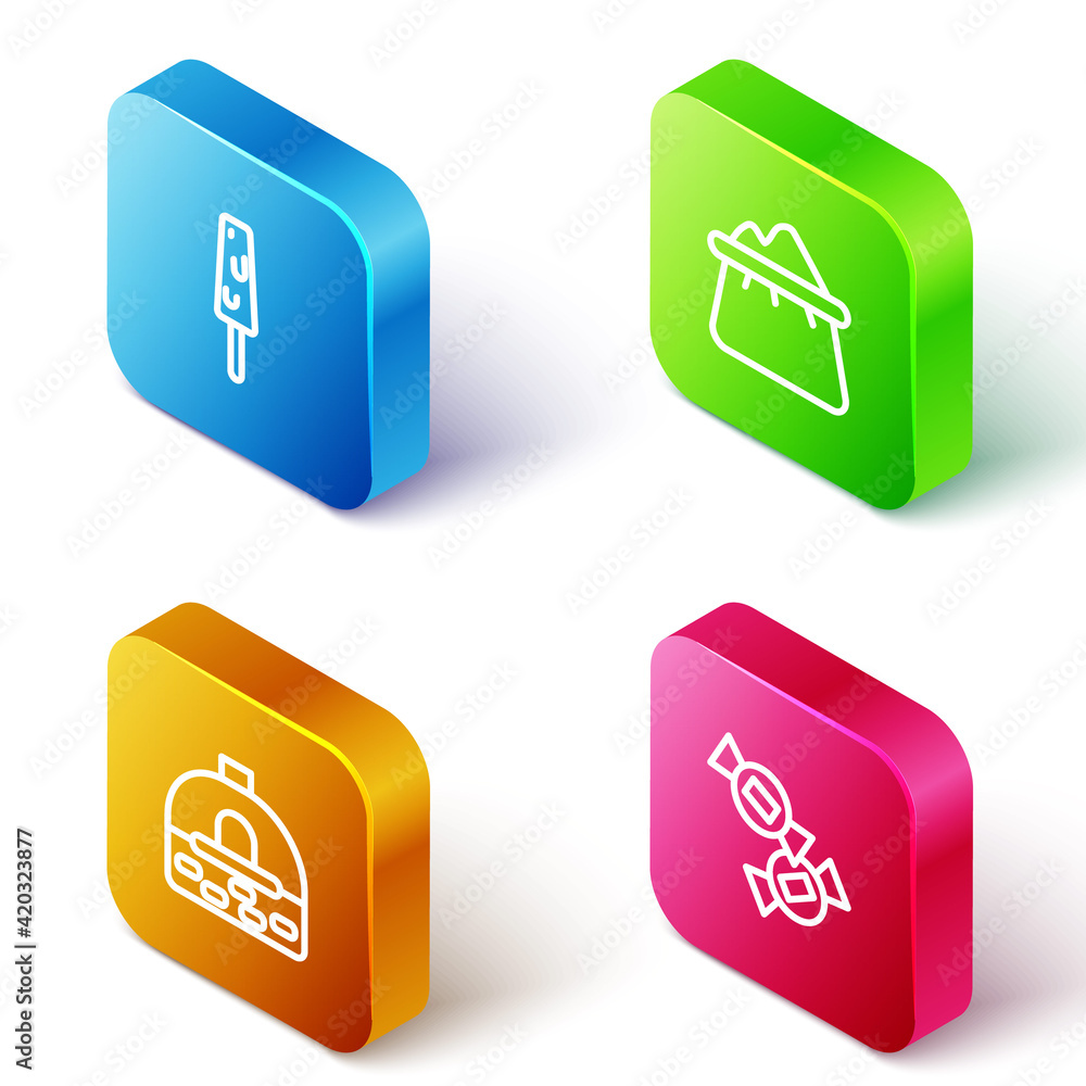 Set Isometric line Ice cream, Bag of flour, Brick stove and Candy icon. Vector Set Isometric line Ice cream, Bag of flour, Brick stove and Candy icon. Vector
