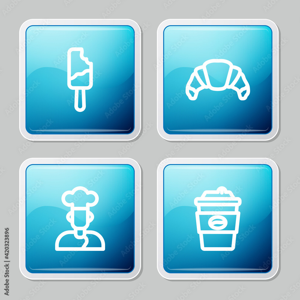 Set line Ice cream, Croissant, Cook and Coffee cup to go icon. Vector