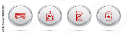 Set line Electronic scales, Cutting board, Jam jar and Coffee cup to go. Silver circle button. Vector