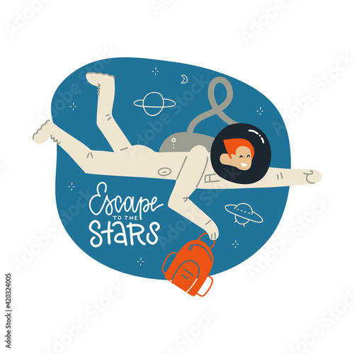 Astronaut exploring outer space. Comic Cosmonaut in spacesuit performing extravehicular activity or spacewalk against stars and planets Human spaceflight. Modern colorful vector illustration.