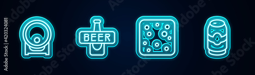 Set line Wooden barrel on rack, Beer bottle, bubbles and can. Glowing neon icon. Vector