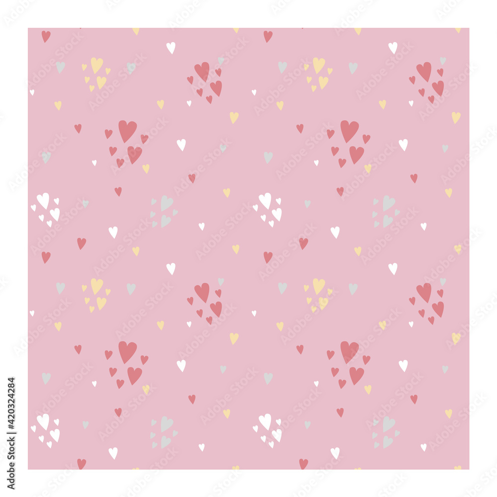 Vector seamless childish pattern with hearts on pink. Grunge style, shabby street art imitation. Vintage old paper texture.