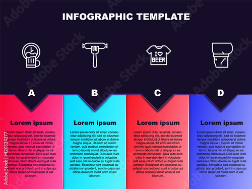 Set line Happy hour, Sausage on the fork, Beer T-shirt and belly. Business infographic template. Vector