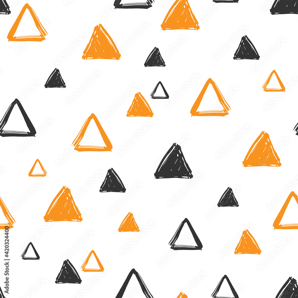 Black and orange ink triangles isolated on white background. Cute geometric seamless pattern. Vector flat graphic hand drawn illustration. Texture. Black and orange ink triangles isolated on white background. Cute geometric seamless pattern. Vector flat graphic hand drawn illustration. Texture.