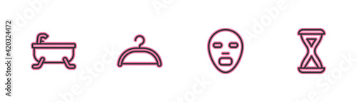 Set line Bathtub, Facial cosmetic mask, Hanger wardrobe and Sauna hourglass icon. Vector
