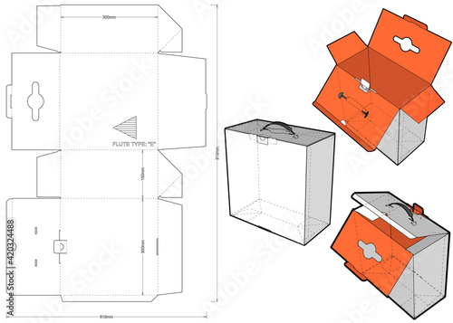 Folding Box With Plastic Handle and Die-cut Pattern.. (Internal measurement 30x15x30cm) The .eps file is full scale and fully functional. Prepared for real cardboard production.