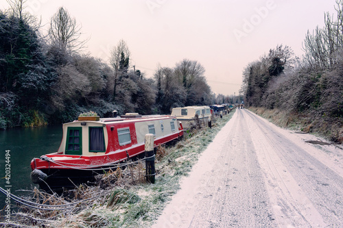 Fototapeta Snow Covered House Boats on Irish Canal