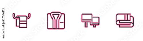 Set line Towel on a hanger, Sauna wood bench, Bathrobe and stack icon. Vector
