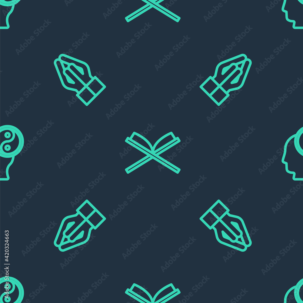 Set line Holy book of Koran, Hands in praying position and Yin Yang on seamless pattern. Vector Set line Holy book of Koran, Hands in praying position and Yin Yang on seamless pattern. Vector