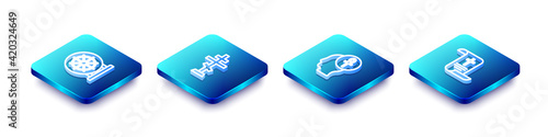 Set Isometric line Dharma wheel, Christian cross, Cross ankh and Decree, paper, parchment, scroll icon. Vector