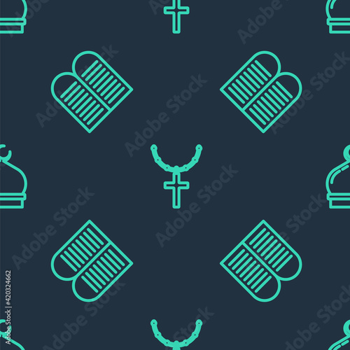 Set line Christian cross on chain, The commandments and Muslim Mosque on seamless pattern. Vector