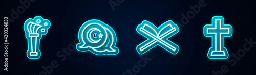 Set line Aspergillum, Star and crescent, Holy book of Koran and Christian cross. Glowing neon icon. Vector