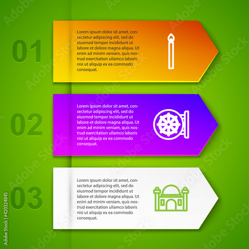 Set line Burning candle, Dharma wheel and Muslim Mosque. Business infographic template. Vector