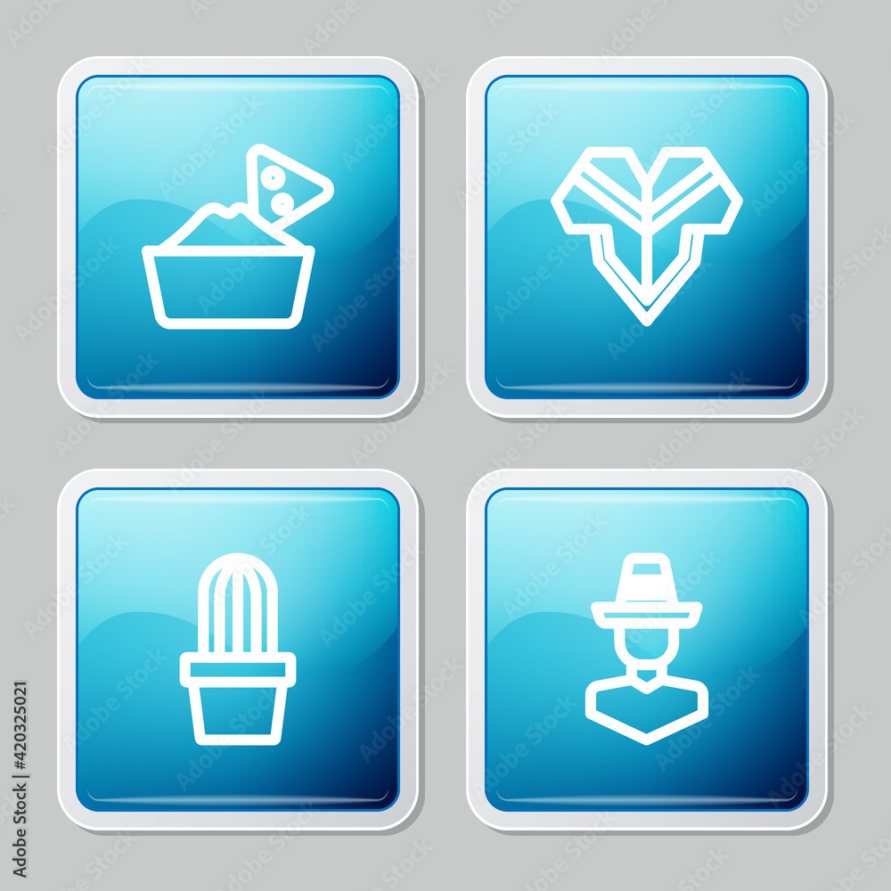 Set line Nachos in bowl, Poncho, Cactus or succulent pot and Mexican man sombrero icon. Vector Set line Nachos in bowl, Poncho, Cactus or succulent pot and Mexican man sombrero icon. Vector