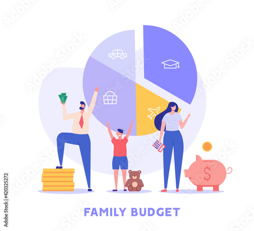 Family budget planning. Yong couple with child saving money and planning with piggy bank, calculator and coins. Concept of Family money, household finance. Vector illustration in flat cartoon design