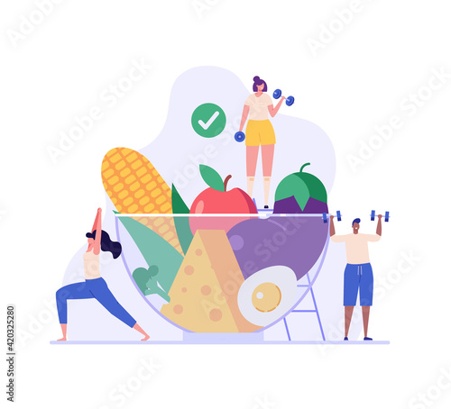 Plate of vegetables, people doing fitness. Сoncept of fitness marathon, proper nutrition, healthy food, weight management, beautiful body, diet plan, slimming. Vector illustration in flat design