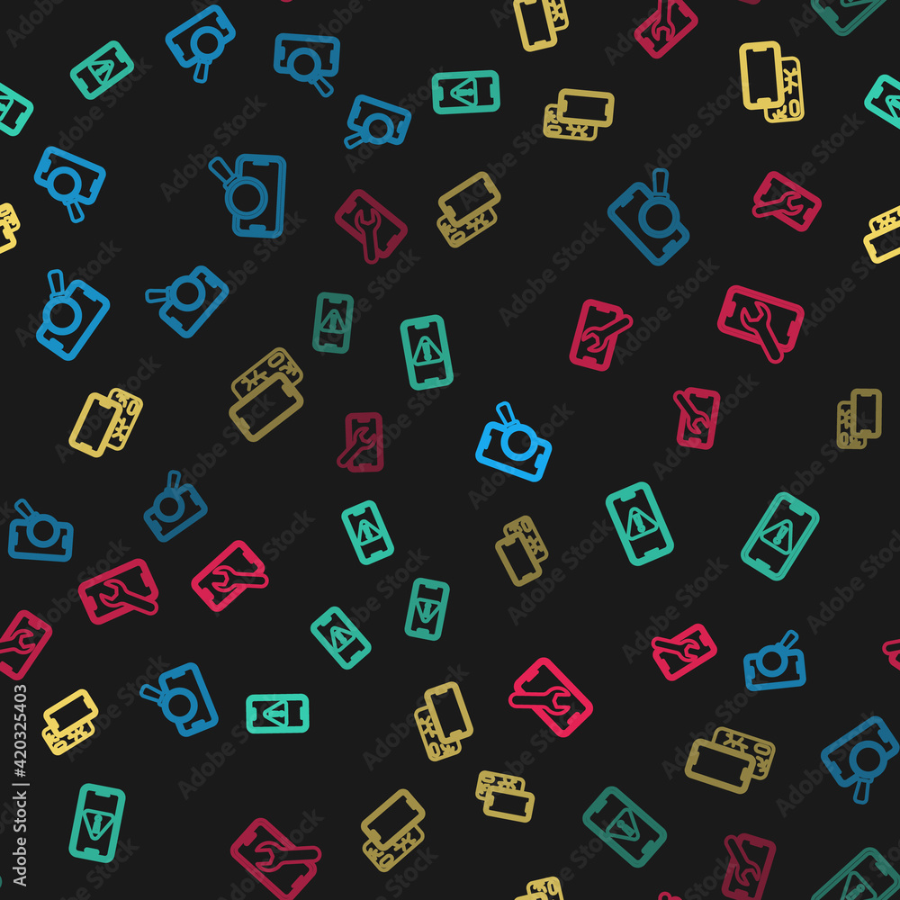 Set line Phone repair service, Mobile with exclamation mark, broken screen and on seamless pattern. Vector Set line Phone repair service, Mobile with exclamation mark, broken screen and on seamless pattern. Vector