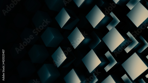 Abstract fly squares shapes background. Virtual Technology Background. 3D Big Data Digital squares. Abstract 3d render, rotating cubes, geometric background, Technological and connection background