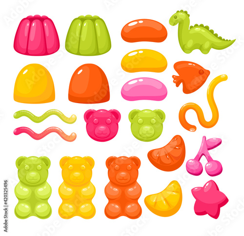 Jelly gummy candy sweets set, colorful glossy sweet dessert food for party collection photo