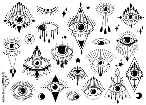 Magic witchcraft eye symbol. Evil eye. Magical esoteric  collection, religion sacred geometry symbols vector illustration icons set on white background. Eye of Providence.