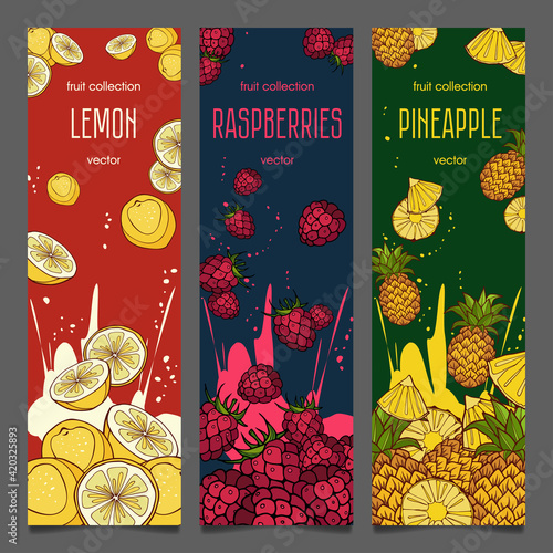 Collection of vertical fruit banners for web, advertising and print. Fruit background. Healthy eating.