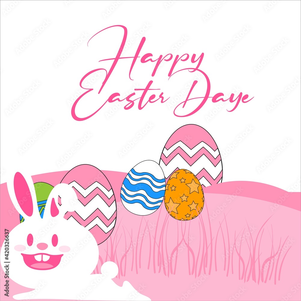 happy Easter banner illustration design, Easter Bunny laying down on the grass with Easter eggs, happy Easter Day