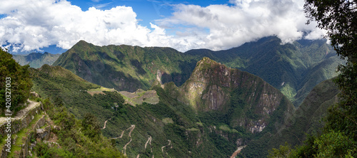 Panorama landscape of amazing mountains and historical ancient inca civilization of Machu Picchu mountain in Aguas calientes, cusco, peru 
