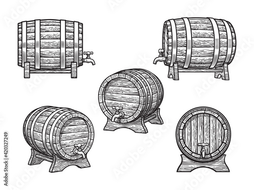 Vintage set of old wooden barrels for beer, wine, whisky, rum in different positions. Three stacked casks, barrel with tap on the stand. Vector illustration.