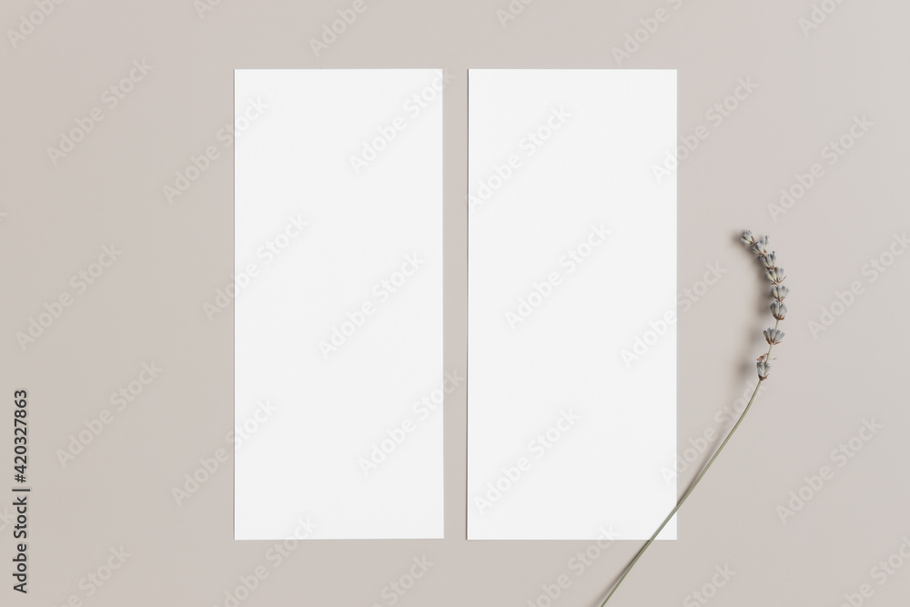 Two menu cards mockup with a lavender deocoration, 4x9 ratio. Two menu cards mockup with a lavender deocoration, 4x9 ratio.