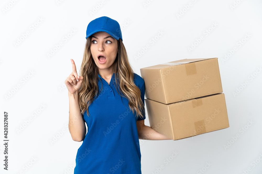 Young Romanian delivery woman isolates on white background thinking an idea pointing the finger up Young Romanian delivery woman isolates on white background thinking an idea pointing the finger up
